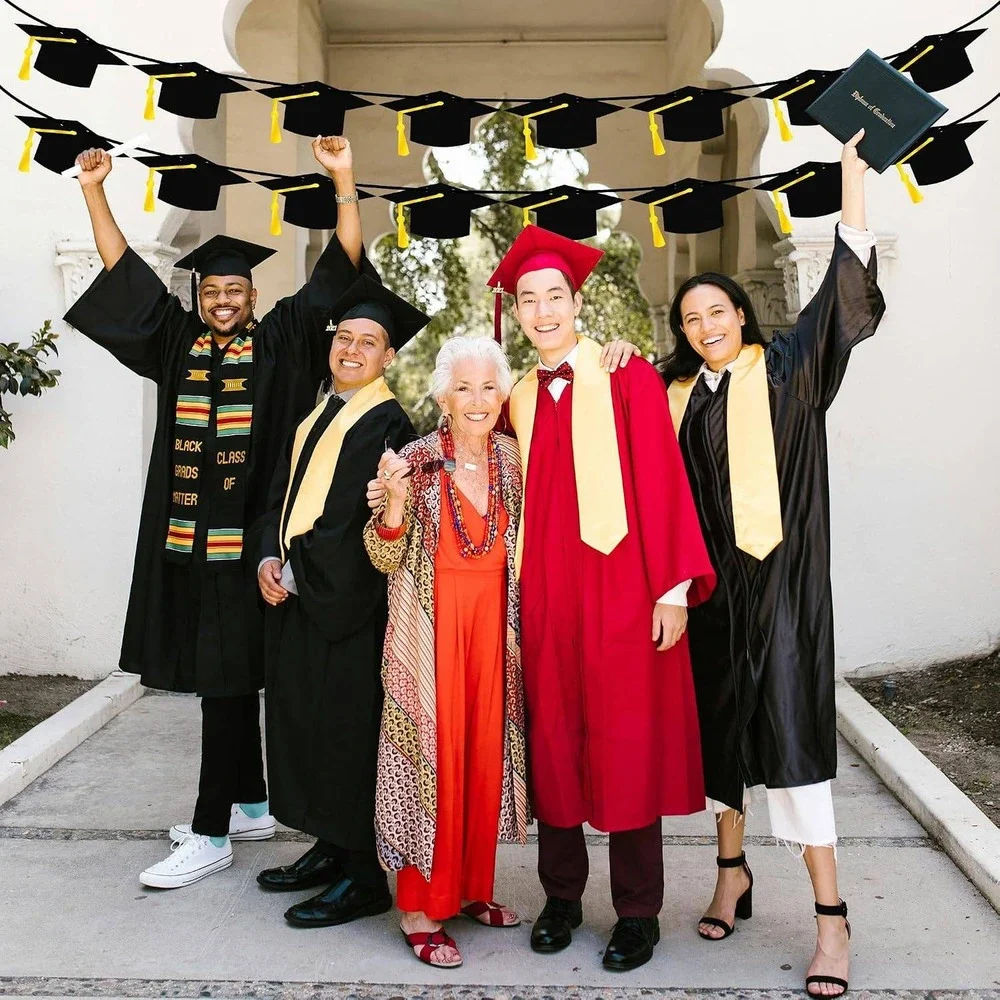 Graduation Cap Banner 2 Pack Black Yellow Tassel Mortarboard Garland 9.8ft Decor